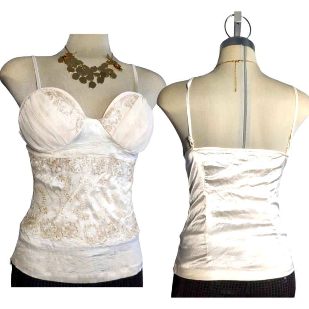 Tempo Paris Ivory Embellished Lace and Satin Top Size S